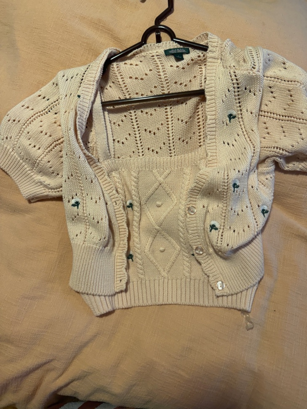 Baby Pink Knit Short Sleeve Cardigan and Crop Tank Set